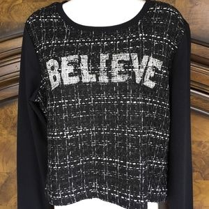 Seventeen Junior Tweed Front  Pullover Top Believe